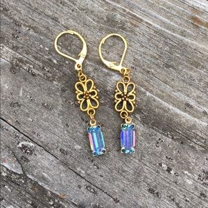 Blue And gold dangle earrings, Swarovski crystal